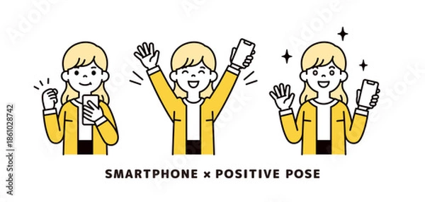 Obraz スマートフォンを手に、ポジティブな表情・ポーズをする女性・主婦のベクターイラスト素材セット