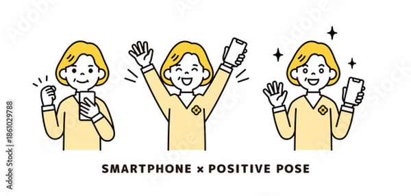 Obraz スマートフォンを手に、ポジティブな表情・ポーズをするおばあさんのベクターイラスト素材セット