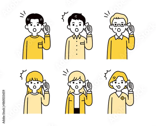 Obraz 驚いた表情でスマホで通話する、様々な年齢の男女の人物の上半身ベクターイラスト素材セット