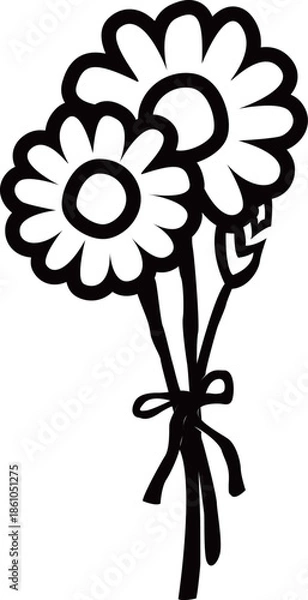 Obraz 満開のデイジーの花束のアウトライン白黒線画イラスト カモミールやハーブ系のシンプルな花のイメージ　透明背景