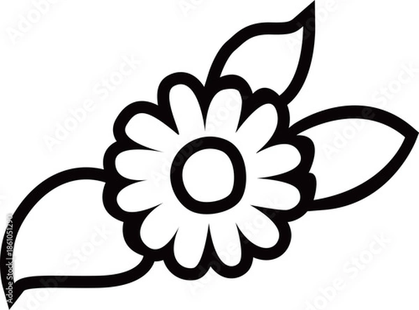 Obraz 満開のデイジーの花と葉アウトライン白黒線画イラスト　 カモミールやハーブ系のシンプルな花のイメージ　透明背景