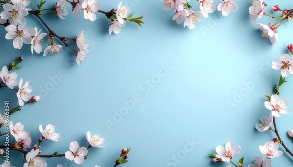 Fototapeta 桜の花、つぼみ、葉のポストカード・フレーム
ピンク色に色づいた桜の花びら　パステルブルーの無地の背景