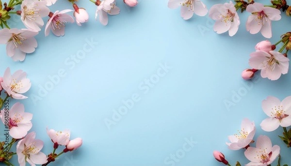 Fototapeta 桜の花、つぼみ、葉のポストカード・フレーム
ピンク色に色づいた桜の花びら　パステルブルーの無地の背景