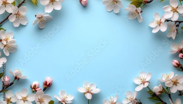 Fototapeta 桜の花、つぼみ、葉のポストカード・フレーム
ピンク色に色づいた桜の花びら　パステルブルーの無地の背景