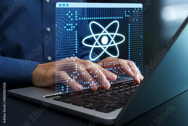 Fototapeta Accessing quantum computer via cloud. Solving complex optimization problems. Businessman using quantum cloud service on laptop computer.