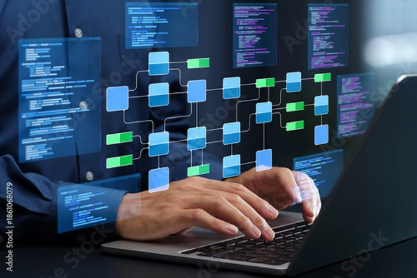 Obraz Data infrastructure and data pipeline development. Data integration. Engineer using laptop computer to design data processing system and data warehouse. 