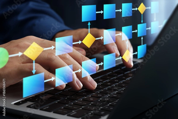 Obraz Workflow diagram and automation algorithm. Business process flow. Businessman using laptop computer for process mapping.