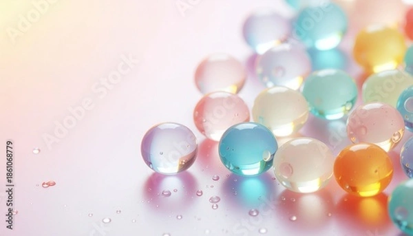 Fototapeta パステルカラーのカラフルなビーズ、ガラス玉の背景画像　きれいでかわいいグラフィックス素材　明るいスタジオ照明の反射光