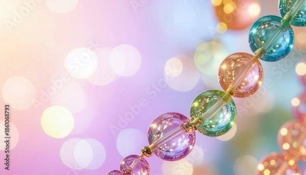 Fototapeta パステルカラーのカラフルなビーズ、ガラス玉の背景画像　きれいでかわいいグラフィックス素材　明るいスタジオ照明の反射光