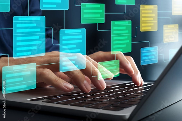 Obraz System design and software development. Engineer created class diagram to visualize system architecture and structure on laptop computer.