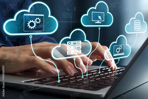 Obraz Multi cloud computing. Connecting to cloud service servers. Businessman using laptop computer with SaaS application.