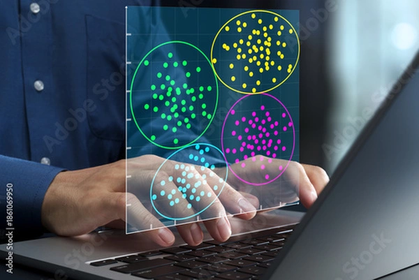 Fototapeta Data clustering chart and cluster analysis. Machine learning and data segmentation. Data scientist using laptop computer to analyze big data.