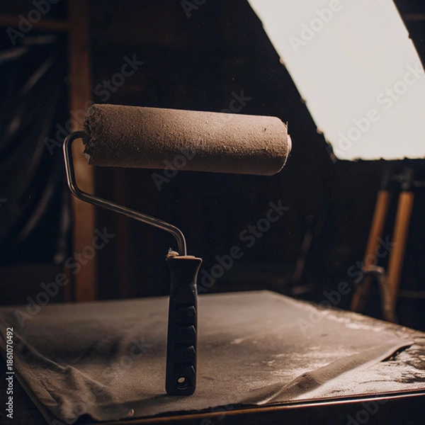Fototapeta Rustic Paint Roller on Workbench in Moody Dramatic Studio Lighting