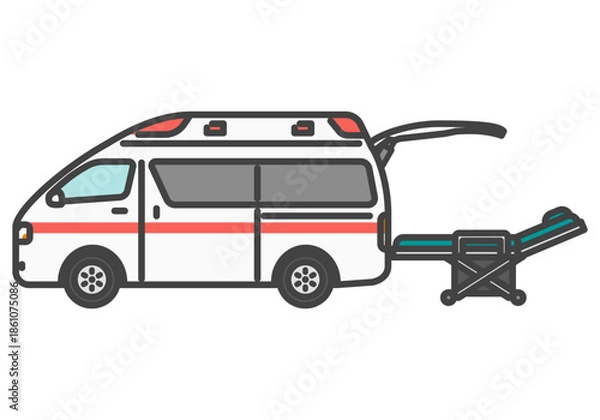Obraz 救急車とストレッチャー シンプル　かわいいイラスト｜福祉車両シリーズ