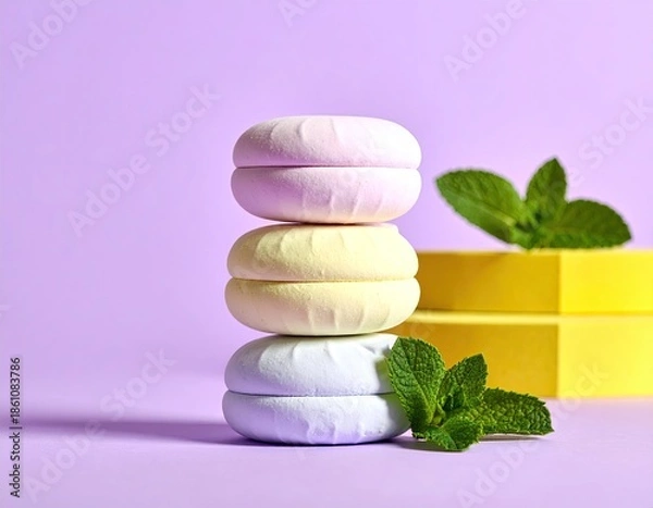 Fototapeta Stacked pastel marshmallows with mint, geometric forms