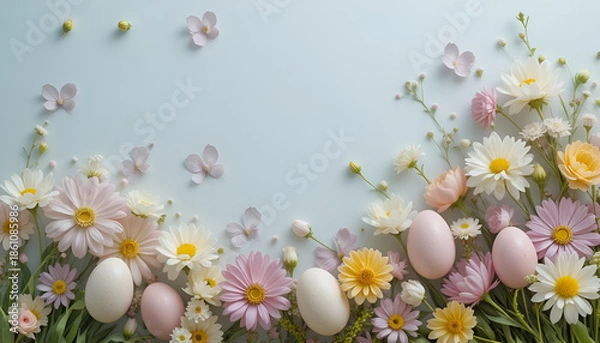 Obraz Easter Eggs With Spring Flowers on Soft Background