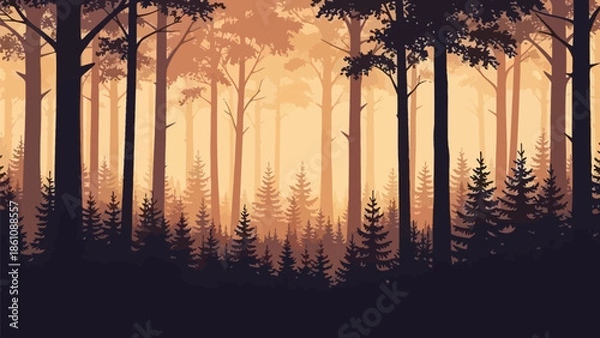 Obraz Forest Silhouette Vector on Rustic Wood Texture Background