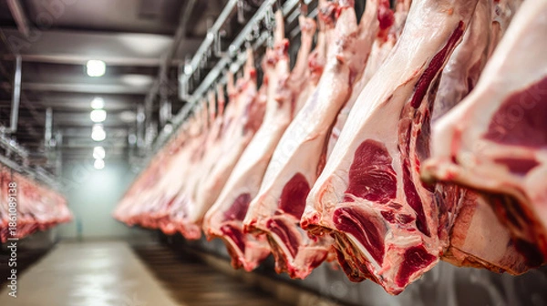 Obraz Fresh meat hanging in a cold storage facility for processing and distribution