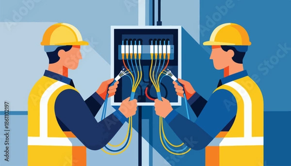 Obraz Two technicians connect fiber optic cables to a network panel