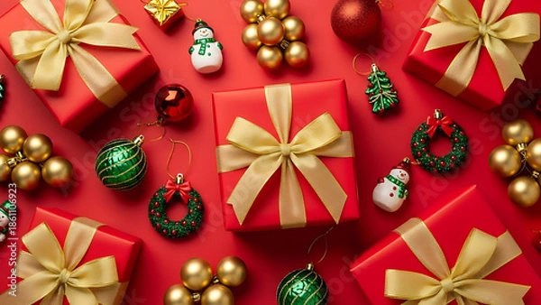 Obraz Colorful christmas gift boxes with decorations