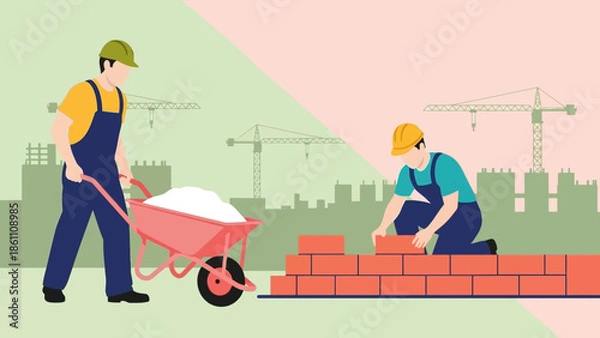 Obraz Construction workers building a brick wall on a construction site.