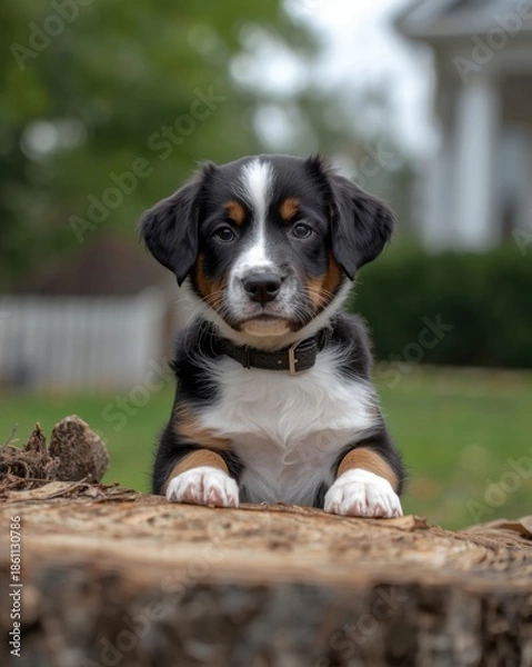 Obraz Curious puppy sits on log