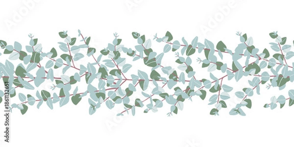 Fototapeta Eucalyptus baby blue horizontal seamless border vector