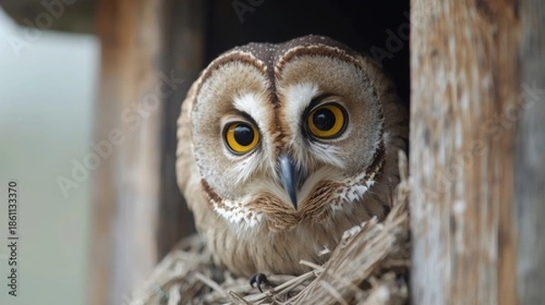 Obraz Owl peering from nest box