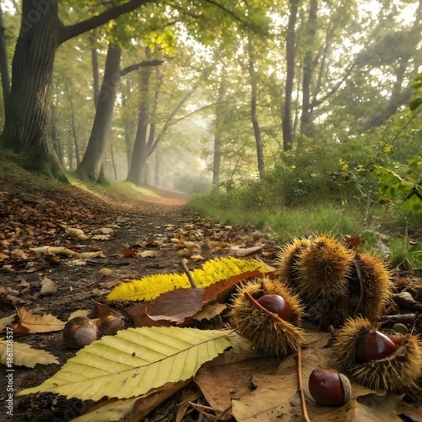 Obraz Chestnuts litter the forest floor.
