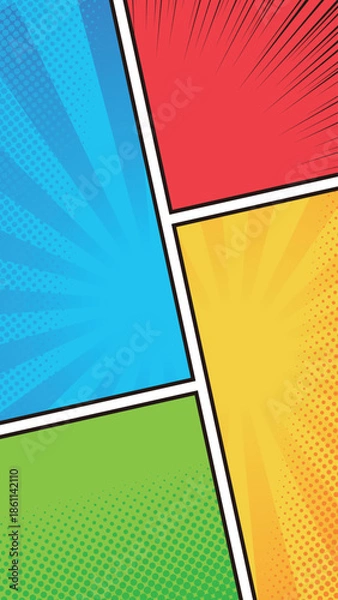 Obraz 16:9サイズ縦型の背景素材：カラフルで賑やかなアメコミ風コマ割り背景のベクターイラスト