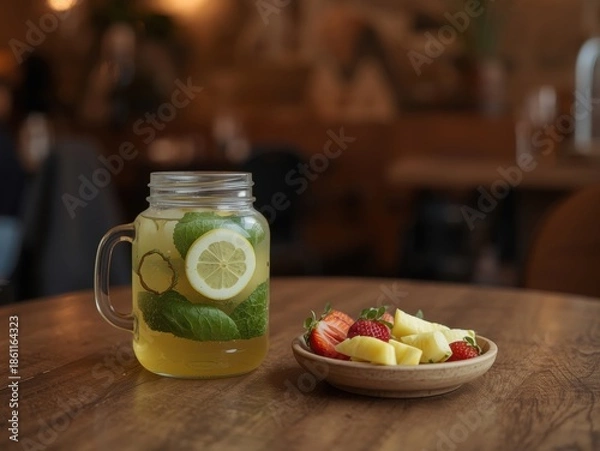 Obraz Refreshing lemon mint drink with fresh fruit