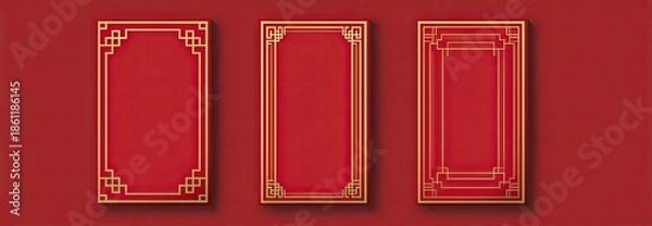 Obraz Three red rectangular cards with golden decorative borders displayed side by side on a gradient backdrop