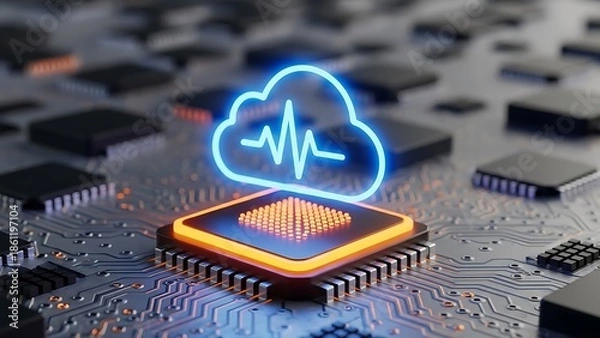 Obraz Cloud computing technology concept featuring a glowing neon blue cloud icon on a modern computer processor chip and circuit board for data storage and network services.
