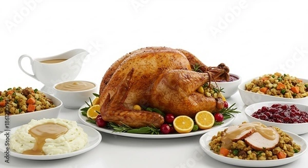 Fototapeta 黄金色にこんがり焼き上がったジューシーな七面鳥の丸焼きが主役 マッシュポテトやスタッフィングなど彩り豊かな豪華な副菜が並ぶ 温かい家族や友人と囲むホリデーディナーを明るく演出. AI Generated