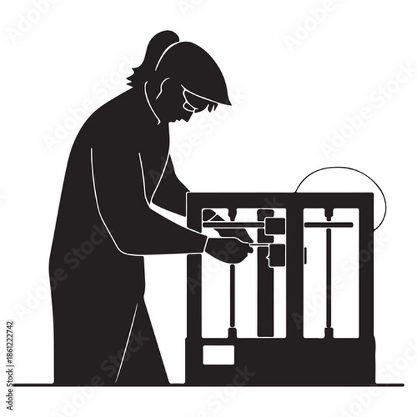 Obraz  A person in glasses carefully interacting with a 3d printer in a manufacturing process