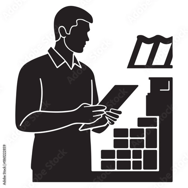 Obraz  Man reviewing inventory or data on a tablet in a structured environment
