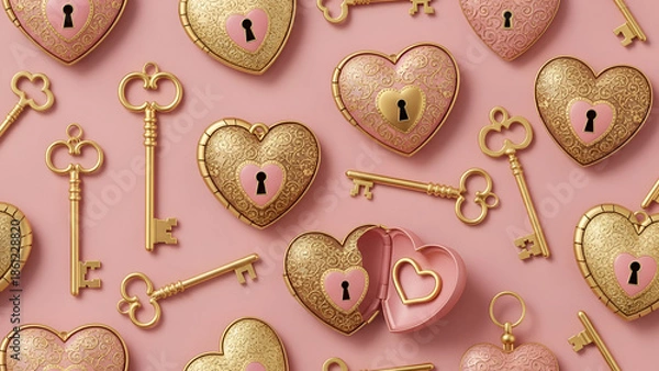 Obraz Golden hearts and keys pattern