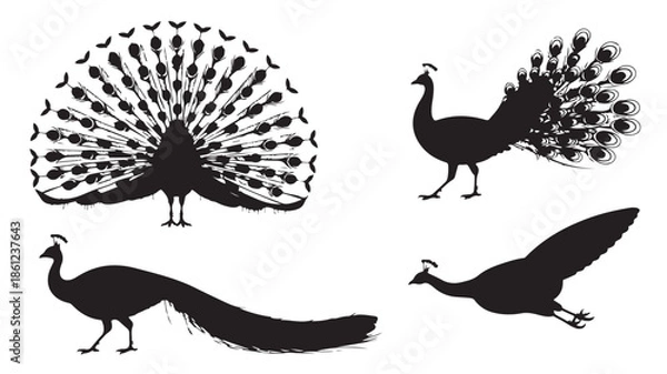 Obraz Peacock Silhouettes Spreading Tail Feathers on White Background