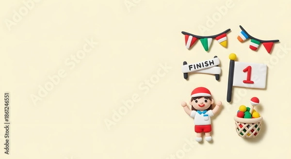 Obraz 運動会の子供たちと万国旗のかわいいクレイアート背景