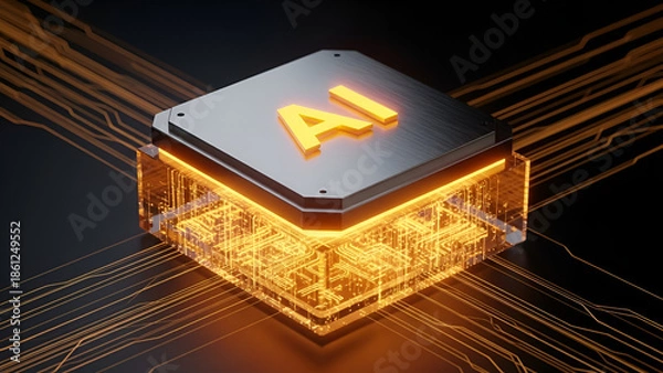 Obraz Illuminated artificial intelligence processor glows intensely with abstract data streams flowing across a dark digital surface