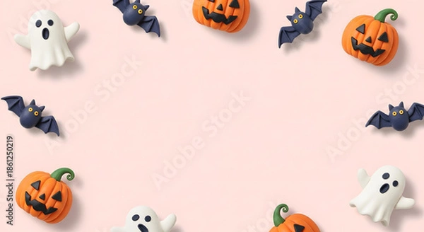 Obraz ハロウィンのかぼちゃとお化けとコウモリのかわいいクレイアートフレーム背景