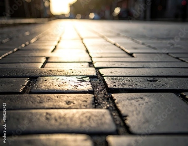 Obraz Cobblestone path glows under warm sunlight, low angle