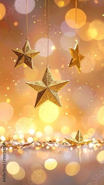 Obraz Golden stars dangle before warm, bokeh-filled background