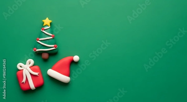 Obraz クリスマスのツリーとプレゼントとサンタ帽子のかわいいクレイアート背景