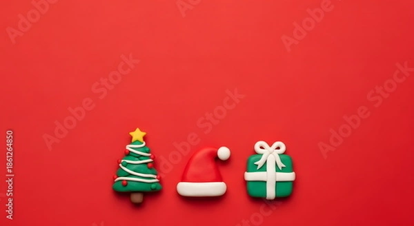 Obraz クリスマスのツリーとプレゼントとサンタ帽子のかわいいクレイアート背景