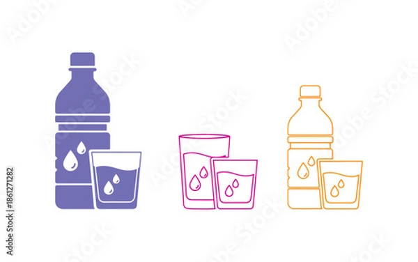 Fototapeta Water Bottle and Glass with Droplets Line and Colorful Icon Set. Clean Water and Staying Hydrated Outline and Solid Symbol. Editable Stroke. Isolated Vector Illustration
