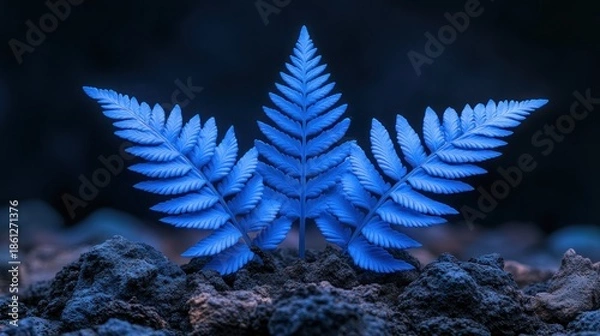 Obraz Vibrant blue fern sprout in dark soil