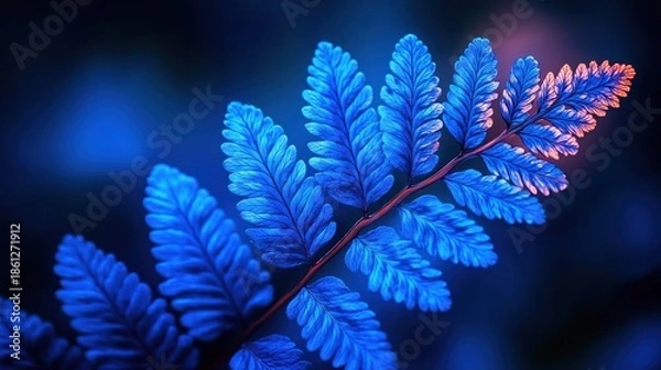 Obraz Vibrant, neon-blue fern frond in dark setting