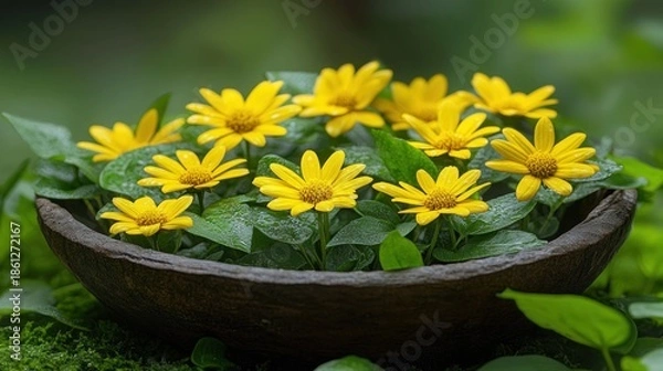 Obraz Yellow flowers in a rustic bowl