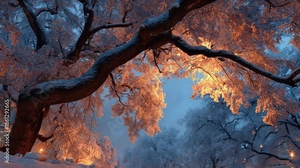 Obraz Snow laden tree branches in evening glow
